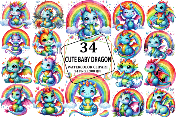 Download Cute Rainbow Baby Dragon Clipart PNG - Art Collection