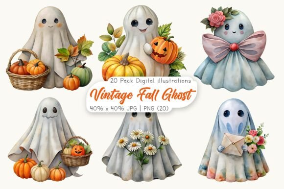 Download Vintage Fall Ghost Clipart Bundle - Art Collection