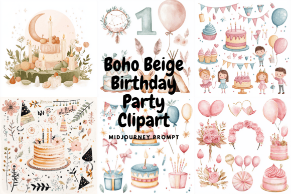Download PromptBoho Beige Birthday Party Clipart - Art Collection