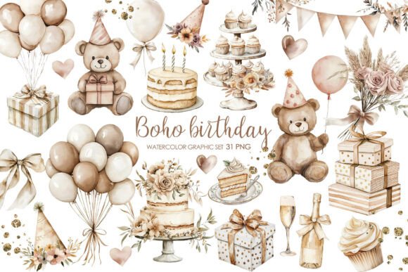 Download Boho Beige Birthday Party Clipart. - Art Collection