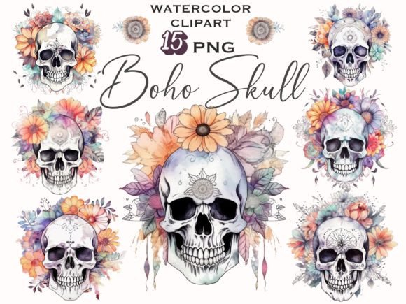 Download Watercolor Floral Boho Skull Clipart - Art Collection