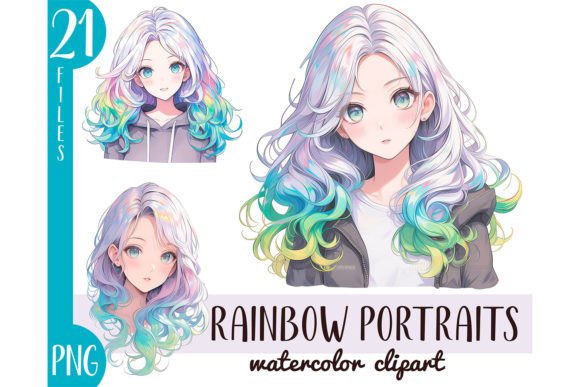 Download Watercolor Rainbow Hair Girl Anime PNG - Watercolor Collection