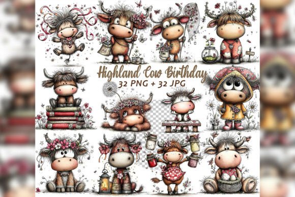 Download Whimsical Highland Cow Birthday Clipart - Art Collection