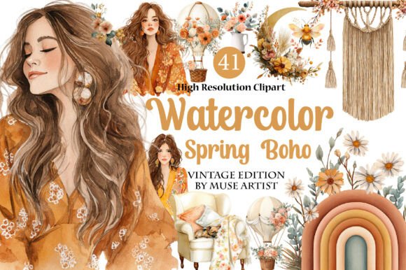 Download Watercolor Spring Boho Clipart - Art Collection
