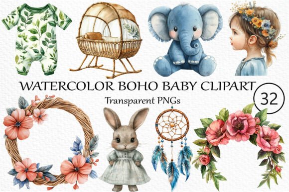 Download Watercolor Boho Baby Clipart Bundle - Art Collection