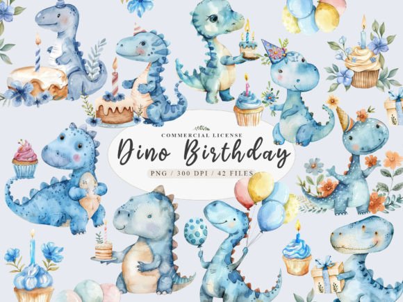 Download Watercolor Blue Dinosaur Birthday Clipar - Watercolor Collection