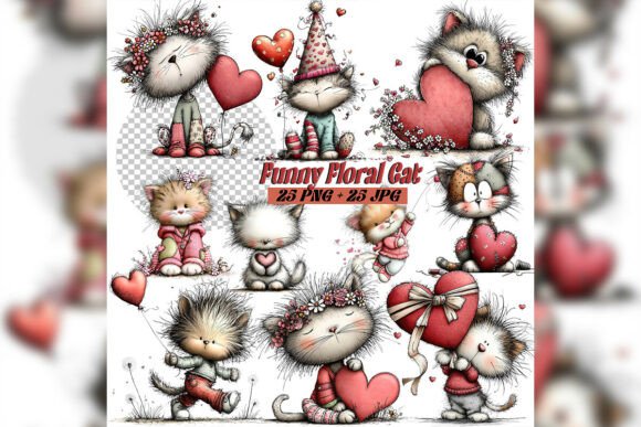Download Whimsical Floral Cat Birthday Clipart Se - Art Collection