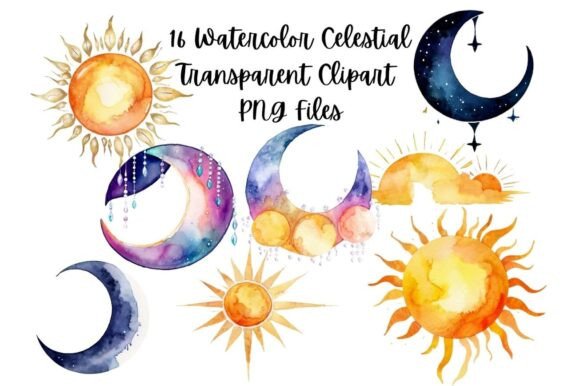 Download 16 Watercolor Solar and Lunar Clipart - Art Collection