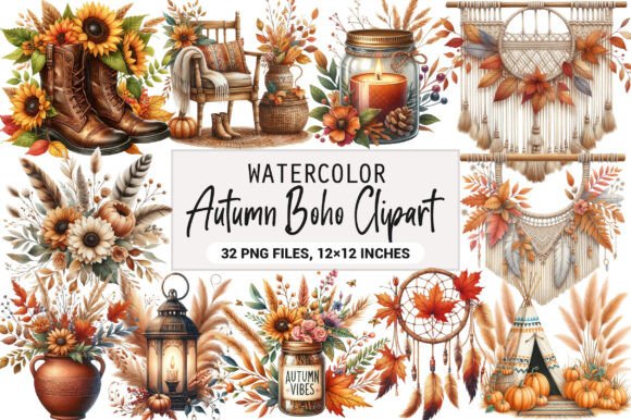 Download Watercolor Autumn Boho Clipart Bundle - Art Collection