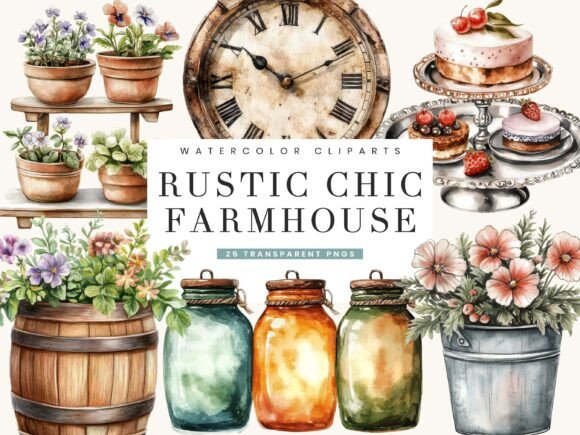 Download Watercolor Rustic Chic Farmhouse Clipart - Art Collection