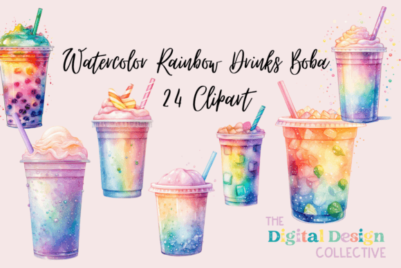 Download Watercolor Rainbow Drinks Boba Bundle - Watercolor Collection