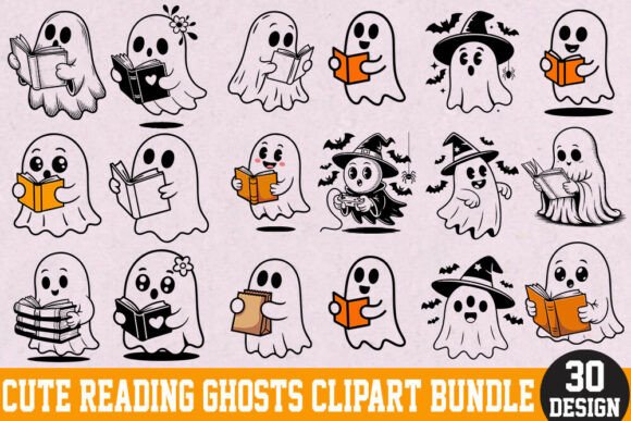 Download Cute Reading Ghosts Clipart Bundle. - Art Collection
