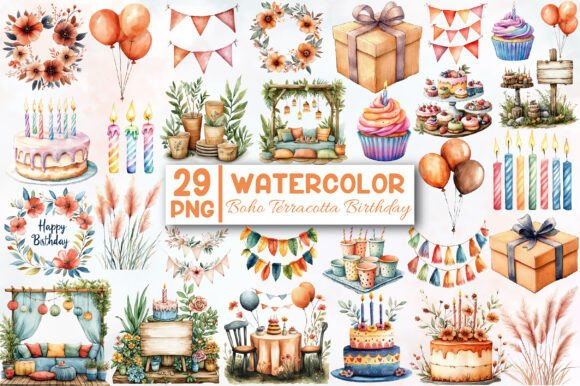Download Boho Terracotta Birthday Clipart Bundle - Art Collection
