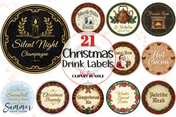 Download Vintage Christmas Round Drink Labels PNG - Premium Bundle