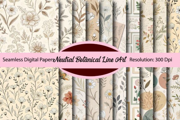 Download Neutral Botanical Line Art Digital Paper - Art Collection