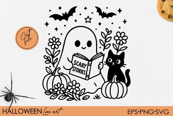 Download Cute Ghost Reading with Cat Clipart SVG - Art Collection